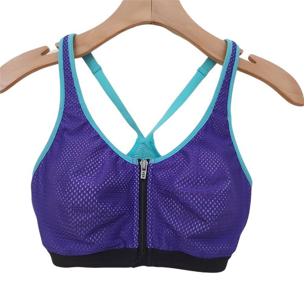 VSX Victoria's Secret Womens 32C Purple Teal Front Zip Crossback Mesh Knockout